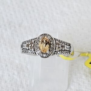 Genuine Yellow Sapphire & Zircon Ring Sterling Silver Platinum Overlay Size 7!